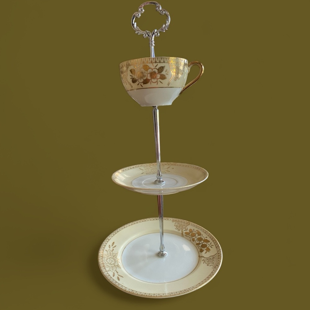 Vintage Chikaramachi Hand-Painted 3-Tier Cake Stand Dessert Tower